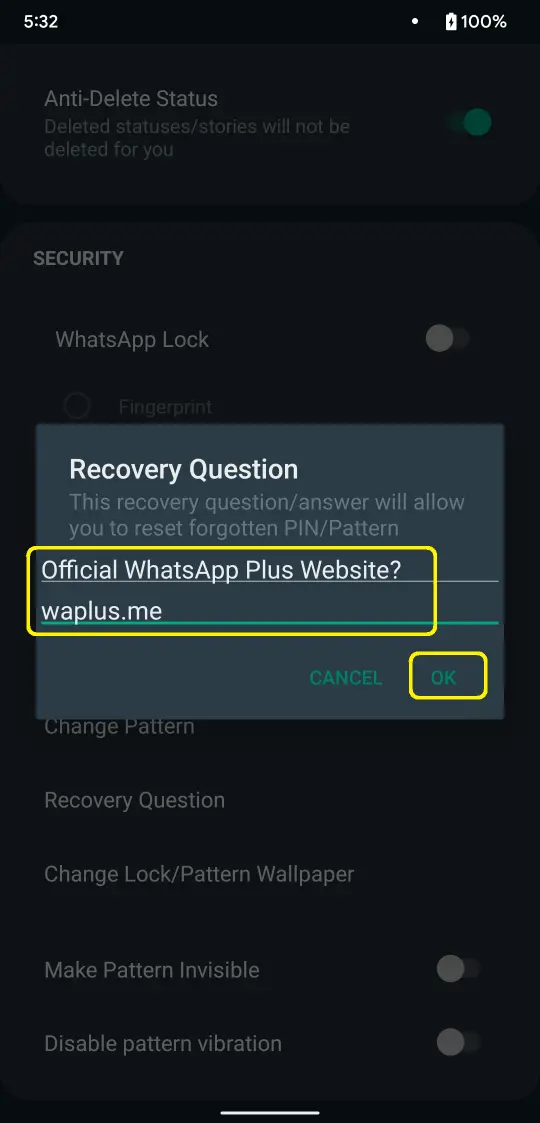 Alterar senha de conversas ocultas no WhatsApp Plus S5